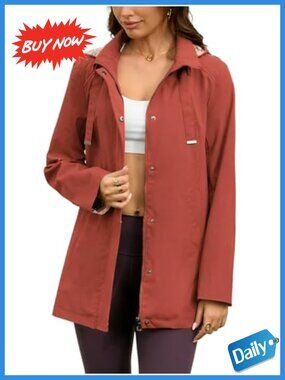 Waterproof Long Hooded Rain Jacket Windproof Plaid Lined Trench